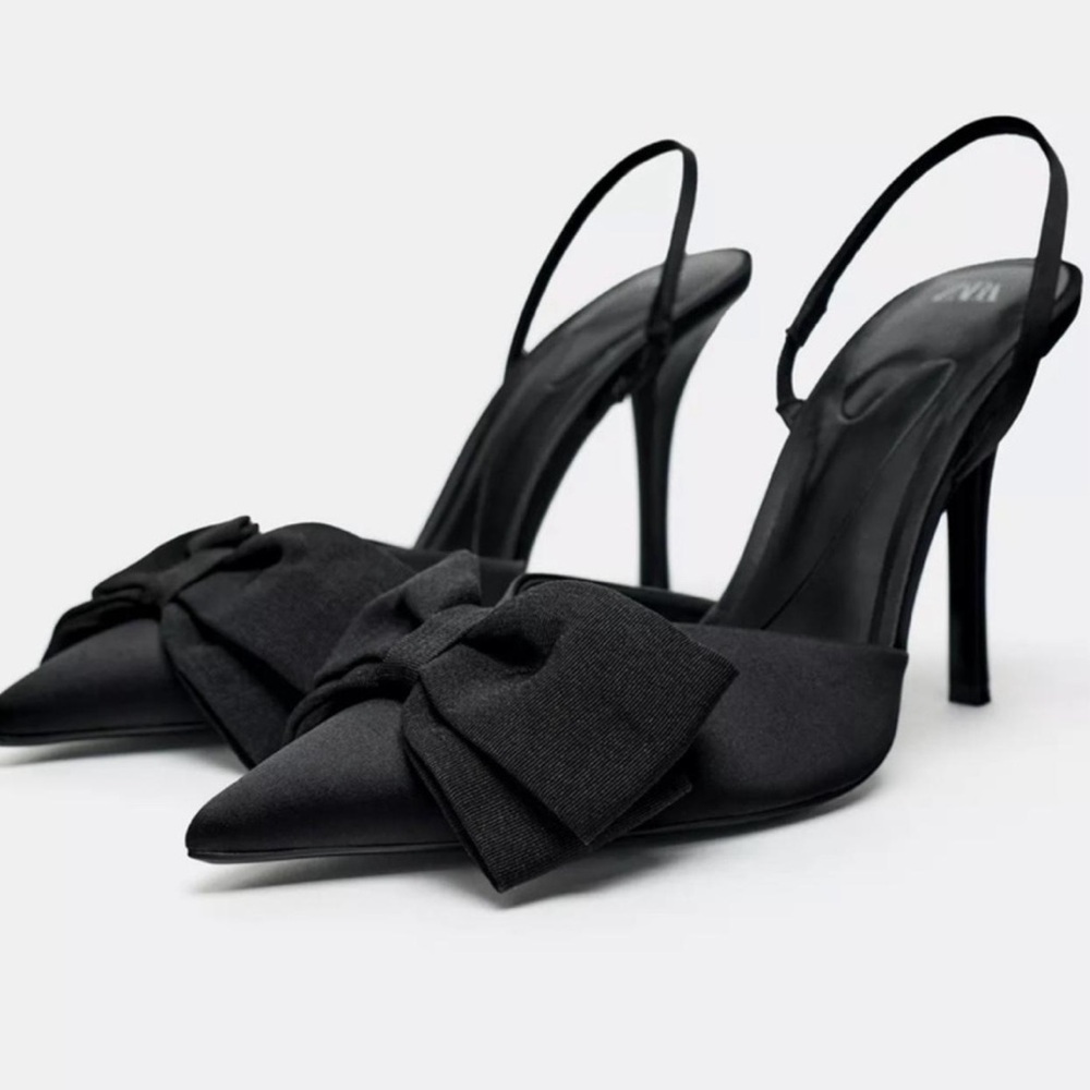 Zara Elegant Black Slingback Heels with Bow
